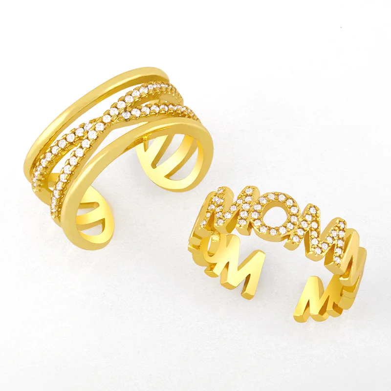 

18K Gold Plated Zircon Open Ring Women Letter Custom Design Adjustable Ring Brass Plated Luxury Gold Color Ring