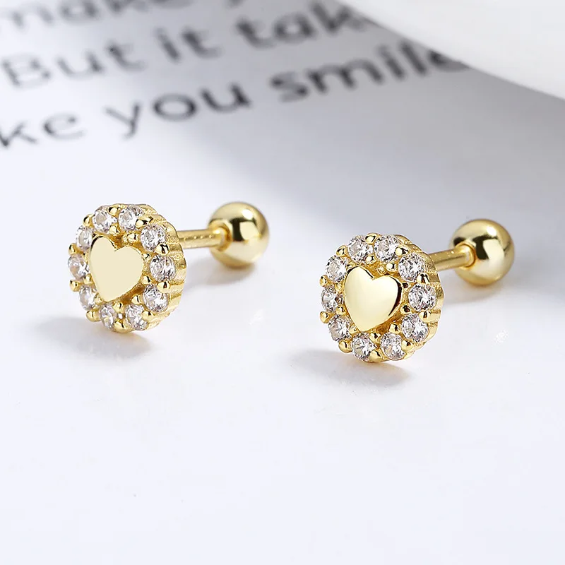 fashion jewelry 925 sterling silver threaded earring love heart zircon gold plated stud earrings women Valentine's Day