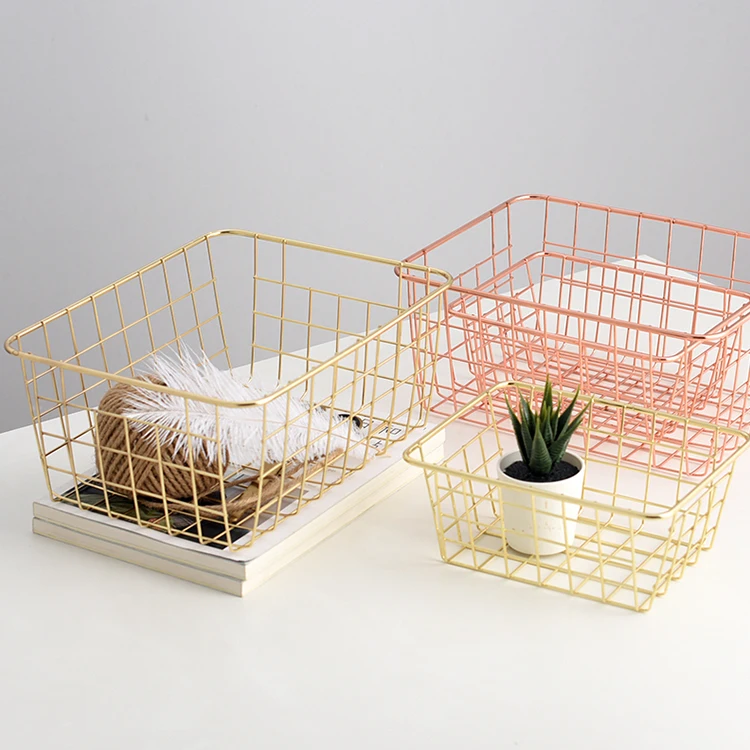 

Nordic Style Rose Gold Storage Basket Organizer Golden Iron Storage Basket Table Magazine Wire Storage Basket, Rose gold&gold