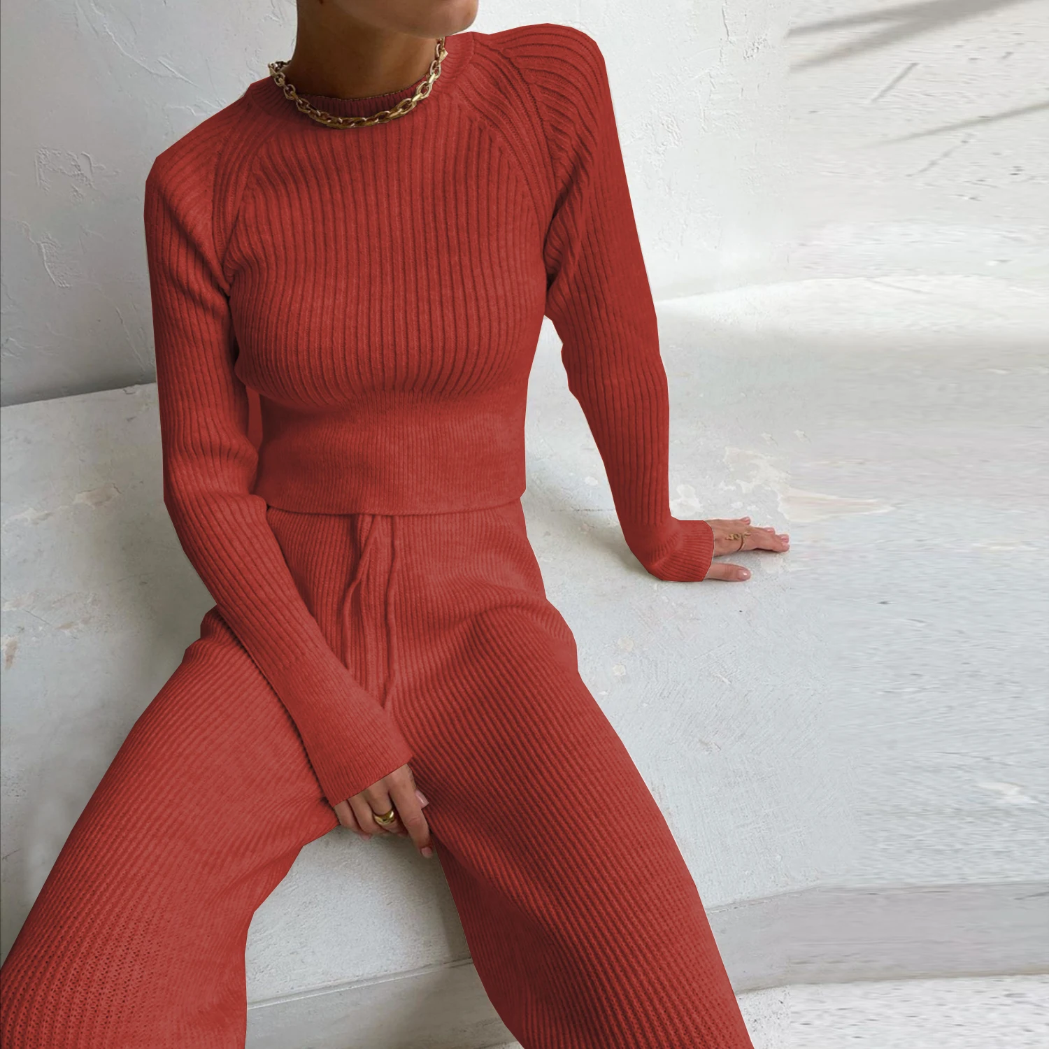 

Women's 100% cashmere knitted Women's wide-leg trousers long-sleeved clear color warm sweater suit for women