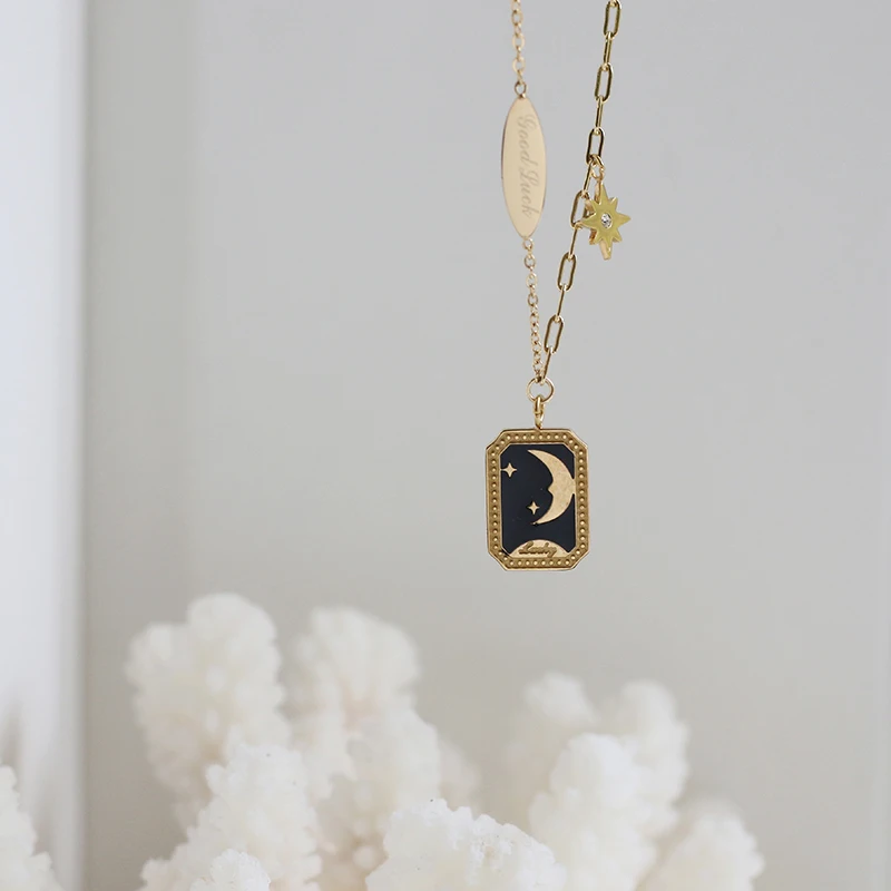 

New Trendy 18k Gold Plated Hypoallergenic Enamel Square Pendant Necklace Celestial Cz Star Pendant Moon Star Necklace