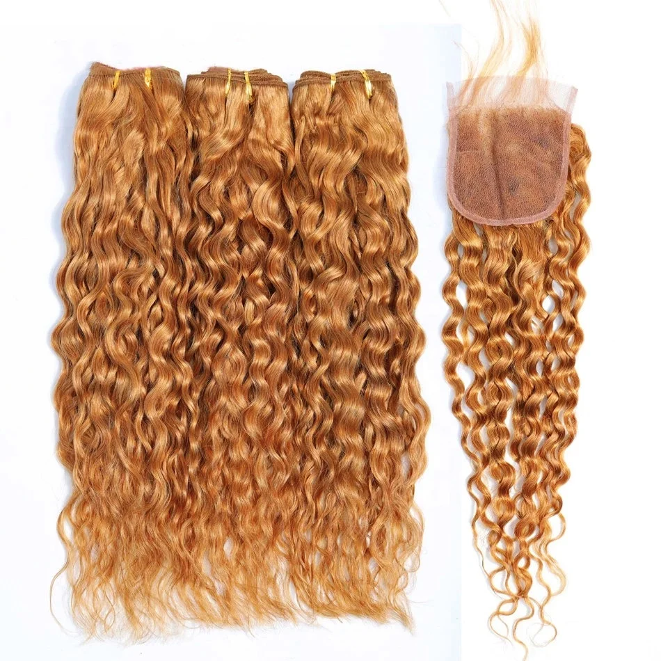 

wholesale good quality 100% cuticle aligned hair honey blonde brazilian hair extension color 27 water wave bundles with closure