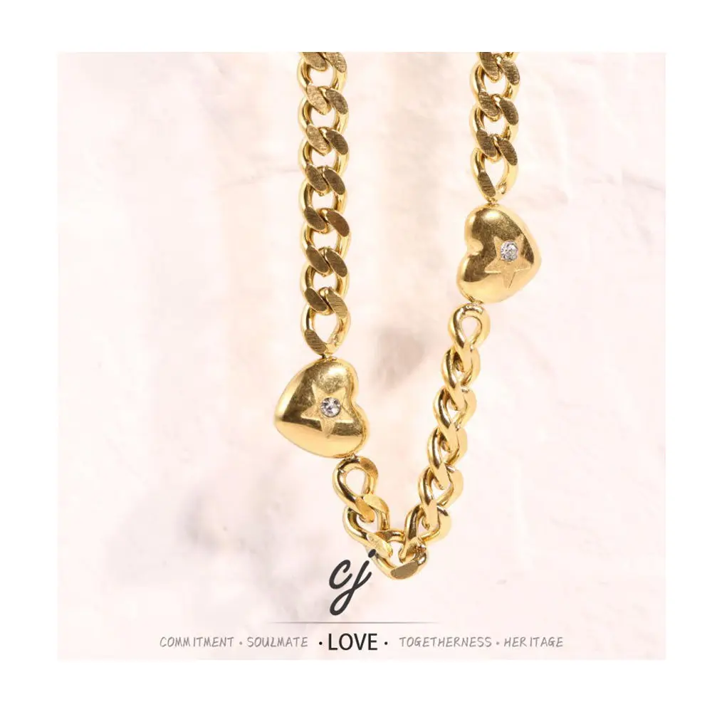 Carline Fashion Fine Hiphop Minimalist Gold Plated Luxury Design Heart Charm Cuban Chain Necklace Wholesale Geometric Stainless