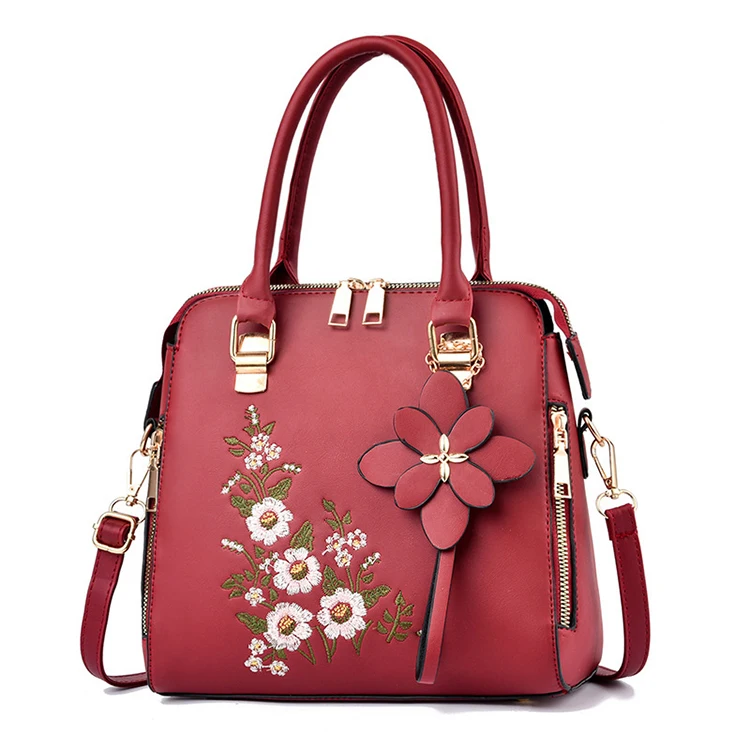 

2021 beautiful Fashion Shoulder Ladies red Floral Embroidery Designs Leather Womens Hand Bags, 6 colors