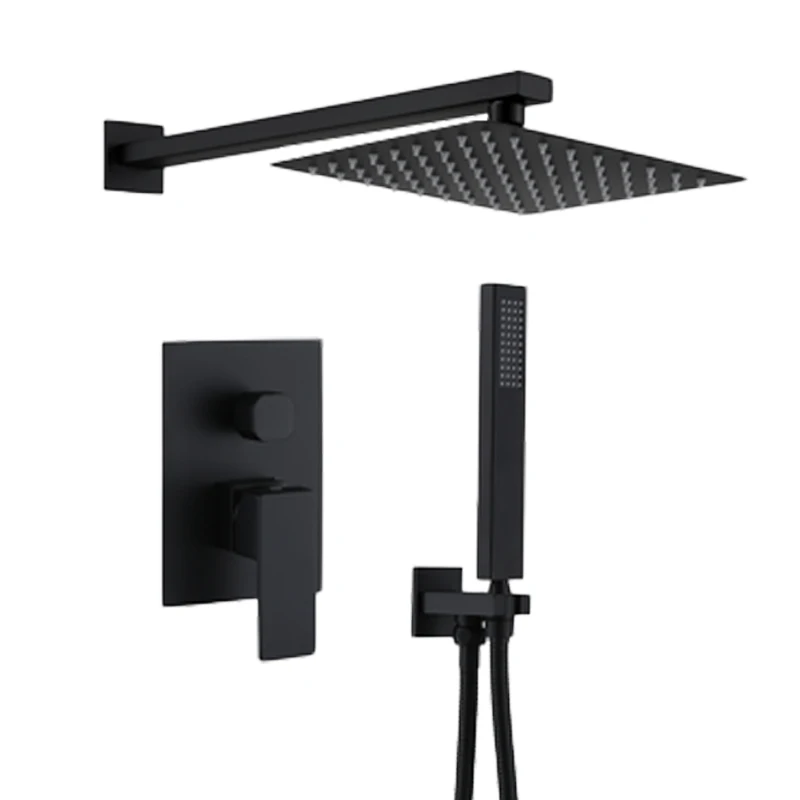 

Square 304 stainless steel black concealed shower set, hot and cold dual function wall-in-wall shower with embedded box