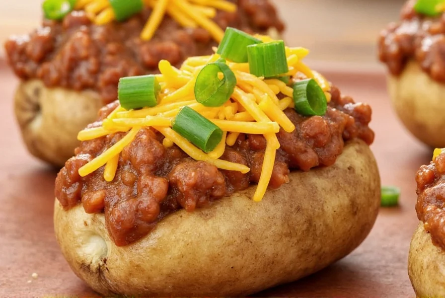 Creative recipe using Hormel No Beans Chili as topping for baked potatoes with cheese and green onions