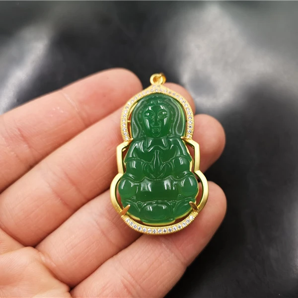 

Hot selling men's agate Guanyin ancient gold inlaid green chalcedony Guanyin Pendant Necklace