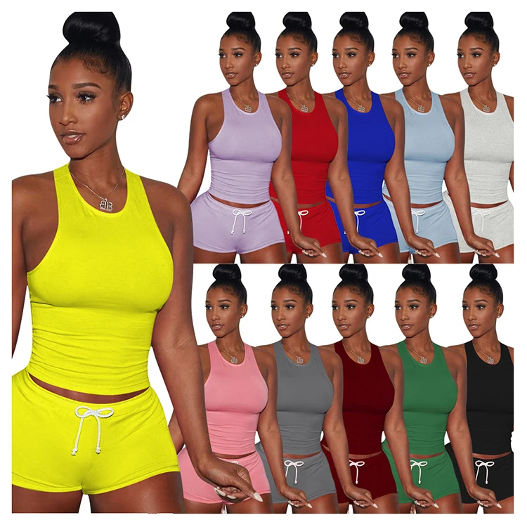 

Q1140 2021 Women Summer Set Top And Pants Set Drawstring Short Set Skinny Solid Color Sweet Track Suit Top And Pant Two Piece