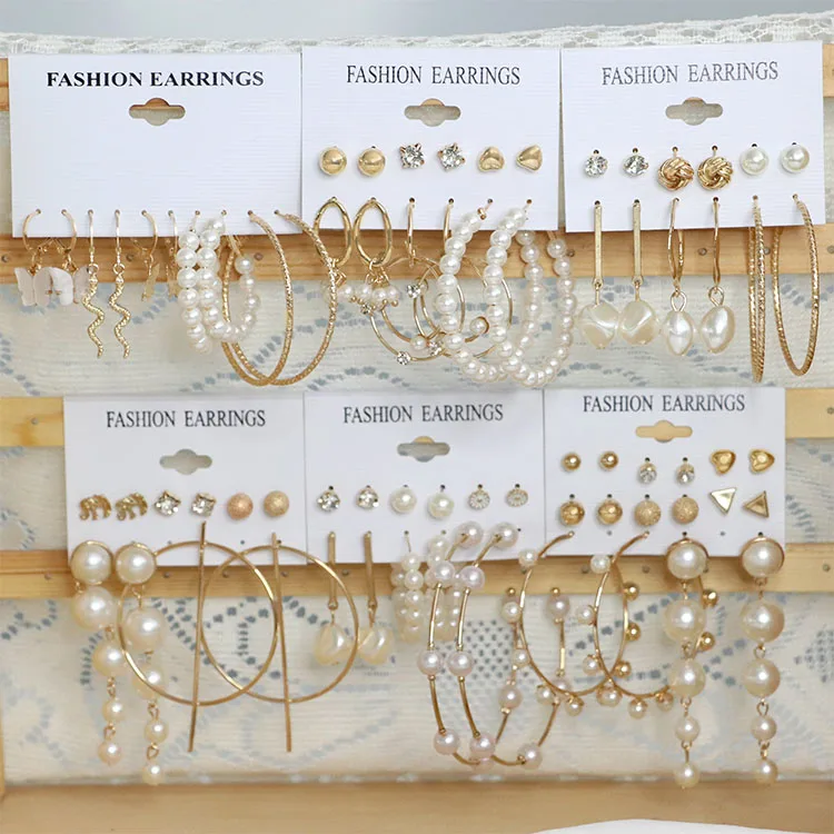 

Trendy Bohemian Metal Hoop Earrings Set Popular Hyperbole Big Alloy Pearl Long Drop Jewellery Earrings Sets For Women, Gold