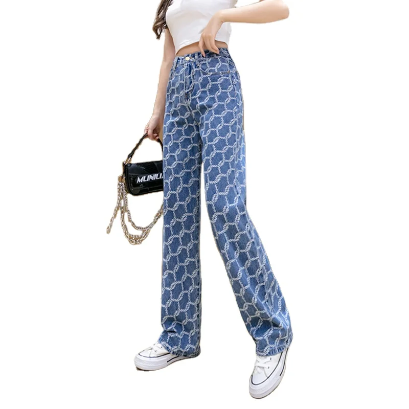 

2021 Hipster Autumn Clothing Jacquard Jeans Women's Female Straight Leg Harajuku High Waist Denim Casual Pants & Trousers, Med blue wash