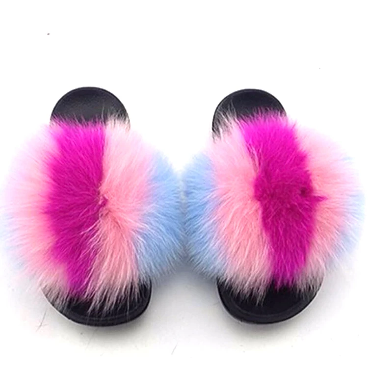 

Wholesale luxury indoor women fluffy fox fur slippers ladies soft comfortable fur slides, Multi color single color