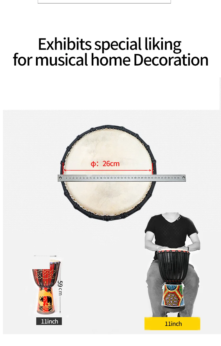 11'' Wooden Leather Djembe African Drum(Craved)-Elephant