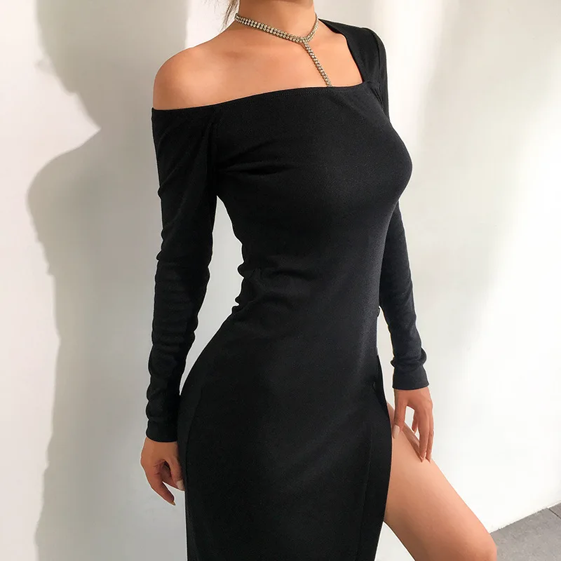 

New Irregular Sexy Slanted Shoulder Split Hip High Waist Midi Dress