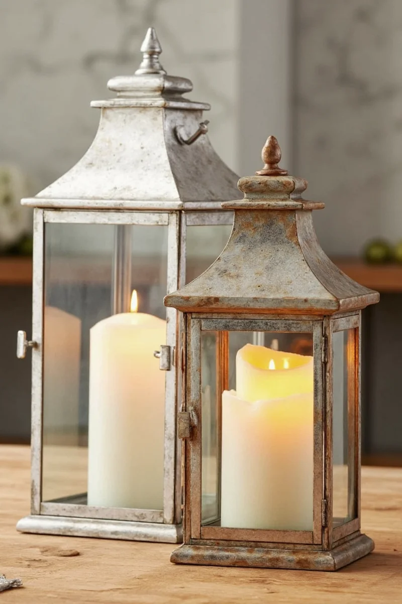 Lantern with candles in a cozy living room