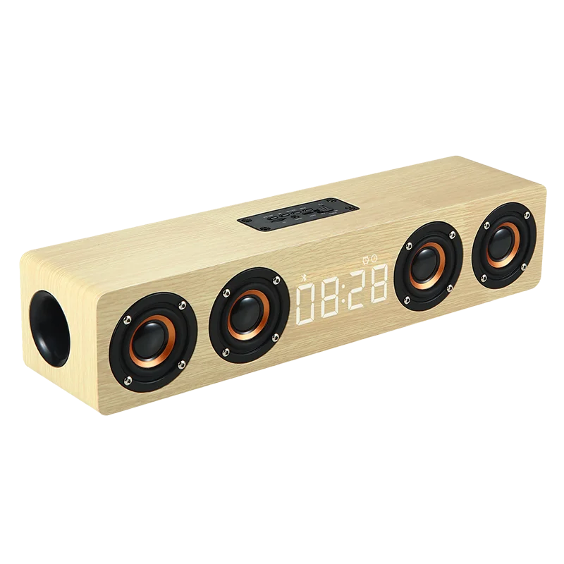 

W8C support BT TF FM radio alarm clock HIFI subwoofer soundbar retro wooden loud wireless speaker, Yellow/brown
