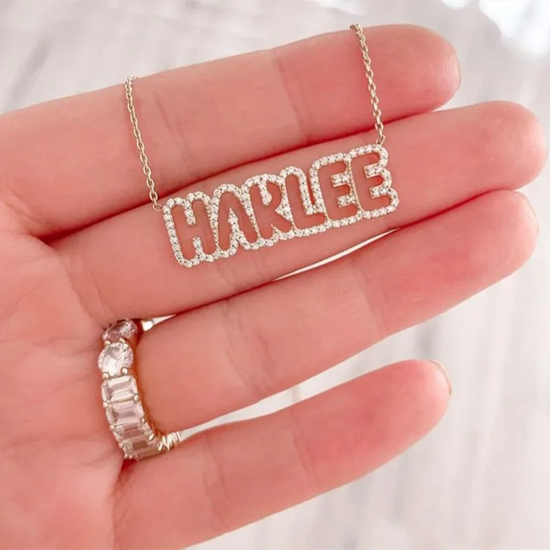 

2021 New Gold Zircon Personalized Customized Name Necklace Women Gift 3D Hollow Name Pendant Necklace