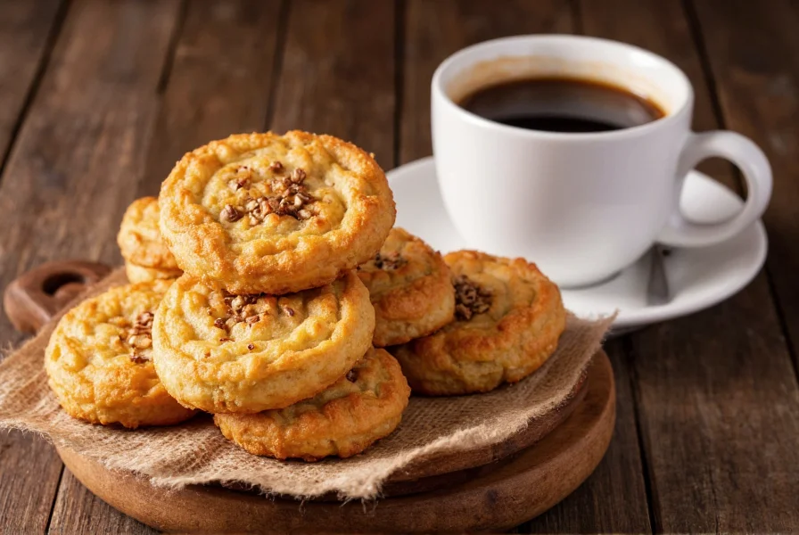Stack of golden pizzelles with anise seeds served alongside espresso cup on rustic wooden table
