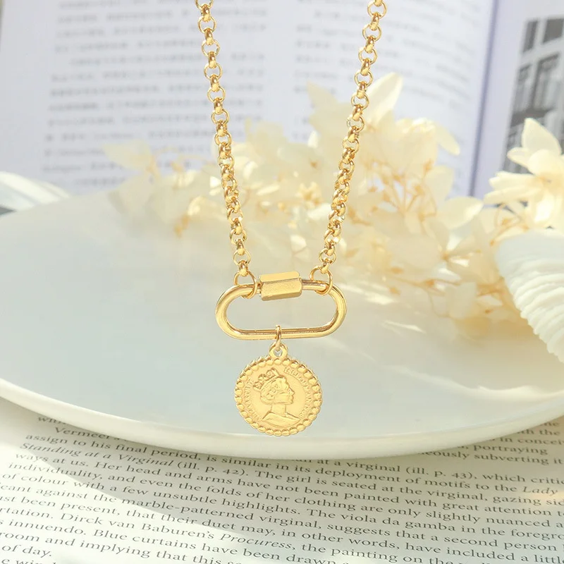 

Fashion golden chain coin pendant stainless steel 18k gold plated necklace women