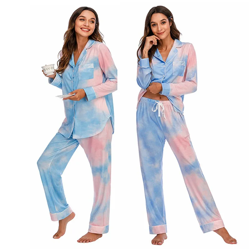 

2021 Autumn New Home Clothes European Women's Tie dyeing Cotton Long Sleeved Trousers Suit Pajamas Wholesale, As picture