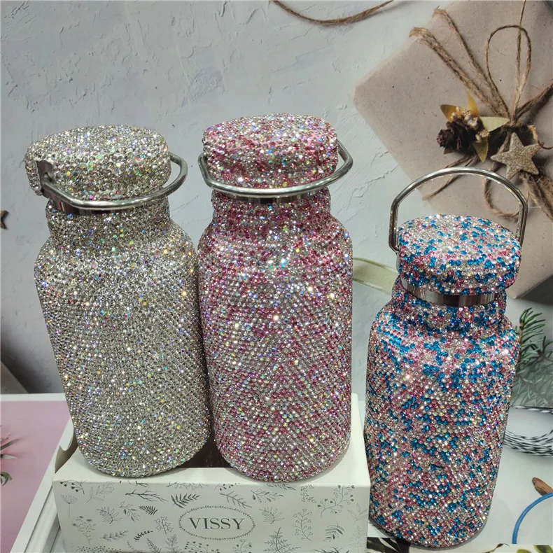 

2021 New Design Big Belly Rhinestone Stainless Steel Vacuum Water Bottle Mini Insulated Vacuum Flask Bottle, As picture