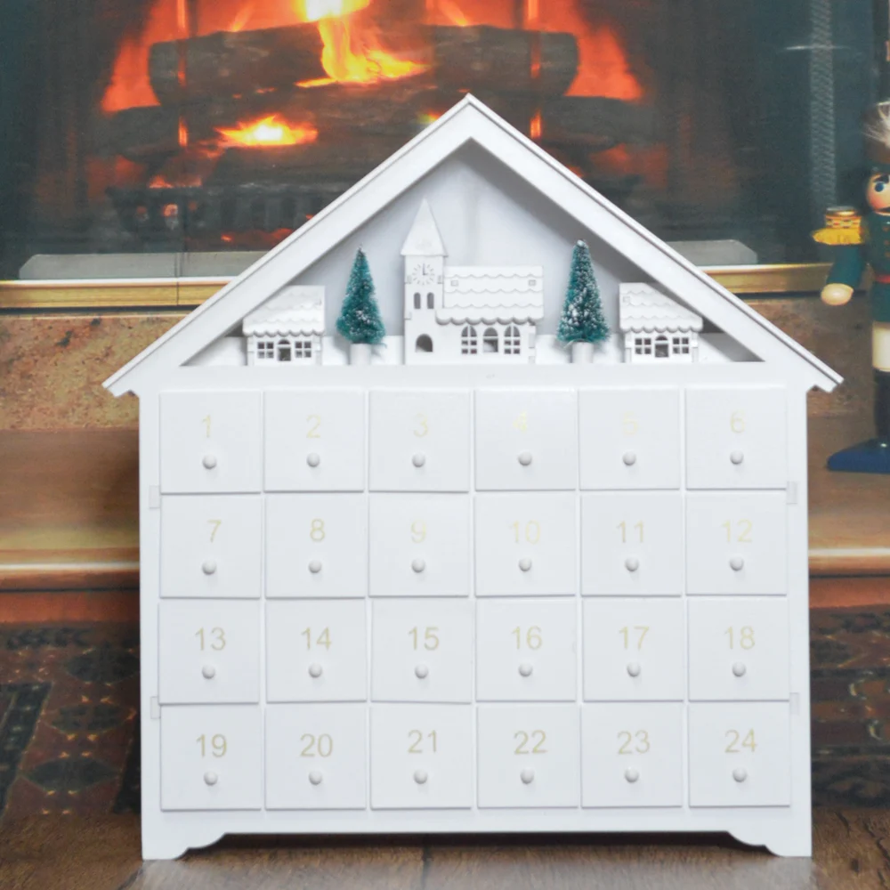 Wooden Christmas White House Advent Calendar Centerpieces Table