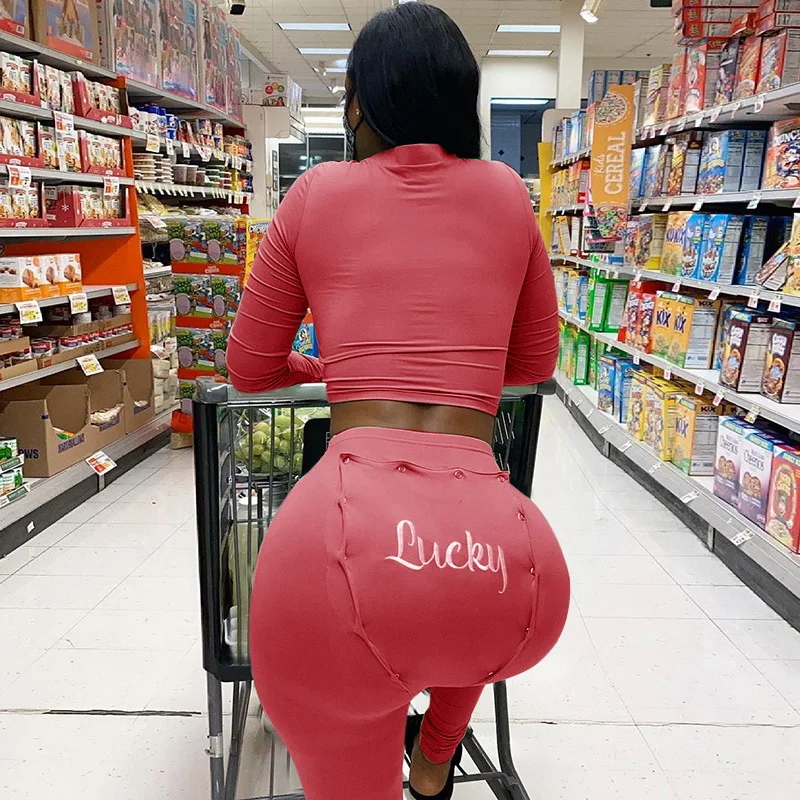 

Fashion Girls Winter Embroidery Portable Button Up 2 Pieces Long Sleeve V Neck Crop Top Club Legging Sets Workout Clothing, Customized