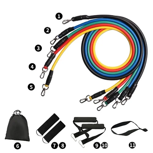 

Segorts high quality Tpe Fitness exercise Long Latex Tube 11Pcs Resistance Bands, Pantone color
