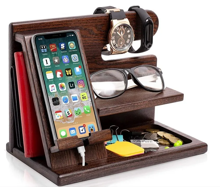 

Nature Wood Phone Docking Station,Key Holder Wallet Watch Organizer Stand,display natural wooden cell phone stand holder table, Color: natural