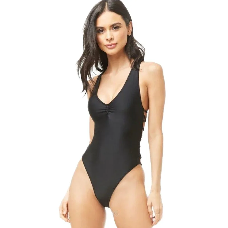

Womens One Piece Swimsuit Tummy Control Deep V-Neck Black Sexy Swimsuit
