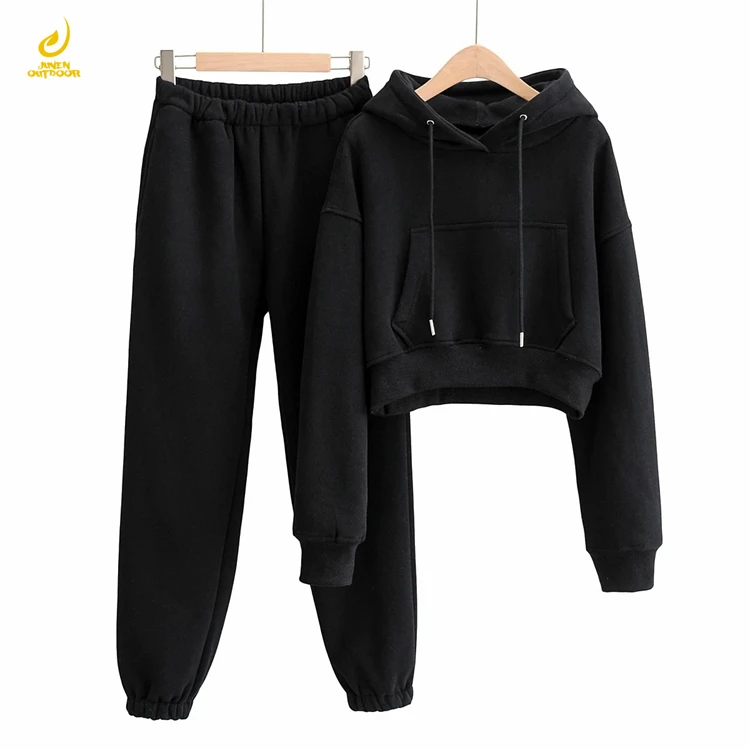 

New design thick hoodie long sleeves crop top 2 piece set hoodie women joggers sweatpants, 4 colors