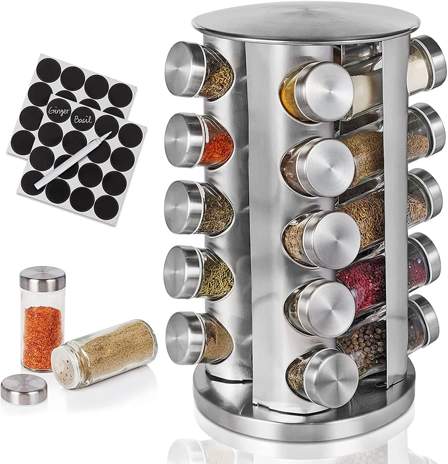 

Amazon Top Seller 20 Jars Rotating Standing Spice Rack Organizer with 32 Reusable Labels and 1 Mark Pen, Black, silver or customized