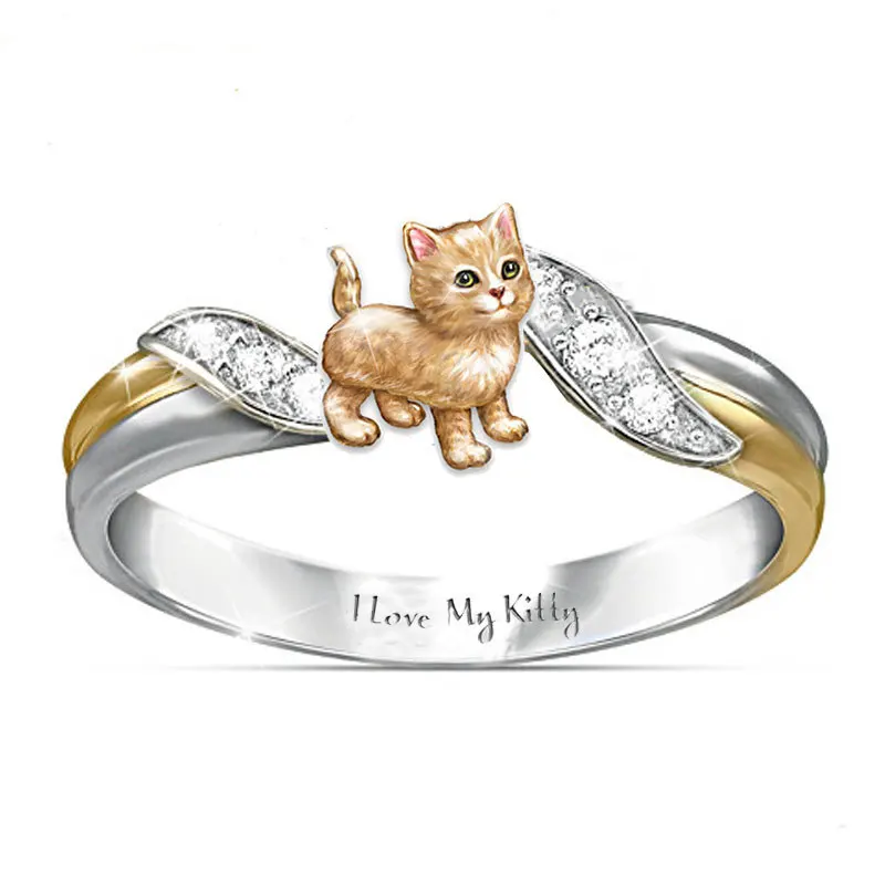 

Hot sale new kitten ring lettering I love my kitty three-color electroplated diamond cat ring
