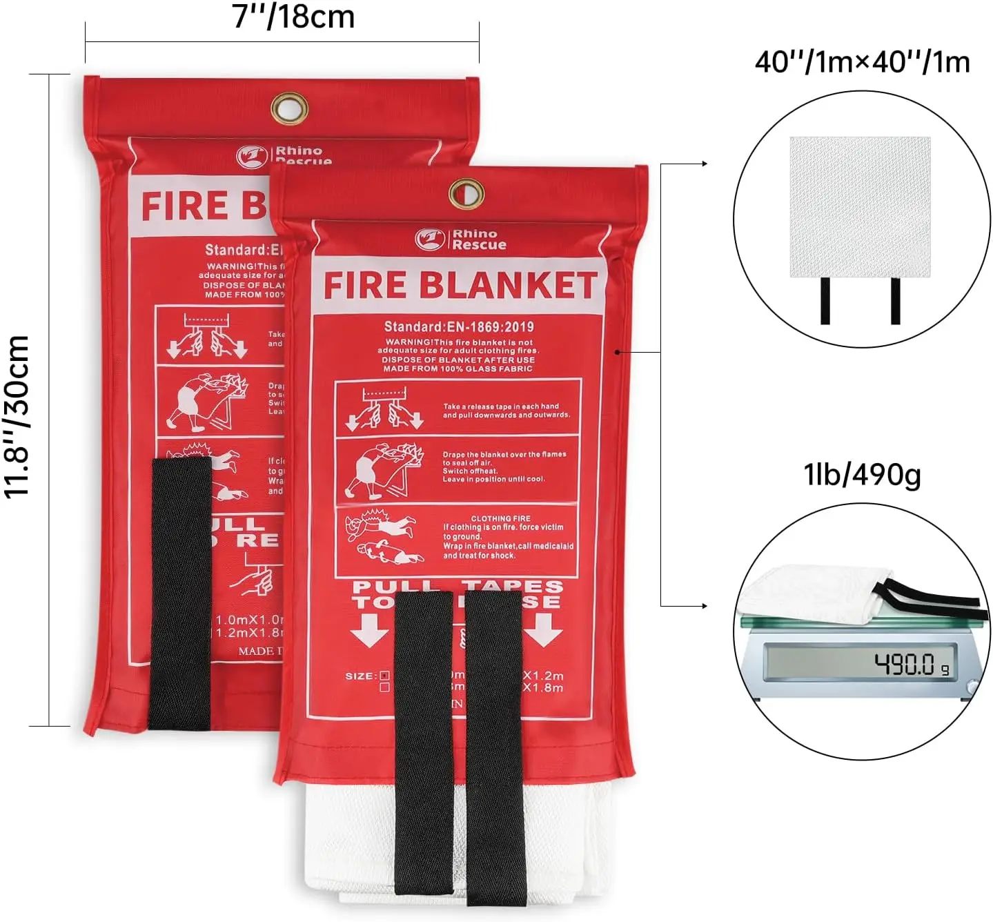 

Rhino Rescue Fire Blanket 40'*40'' Fiberglass Emergency Fireproof Gear Flame Retardant Protection for Home Kitchen Camping