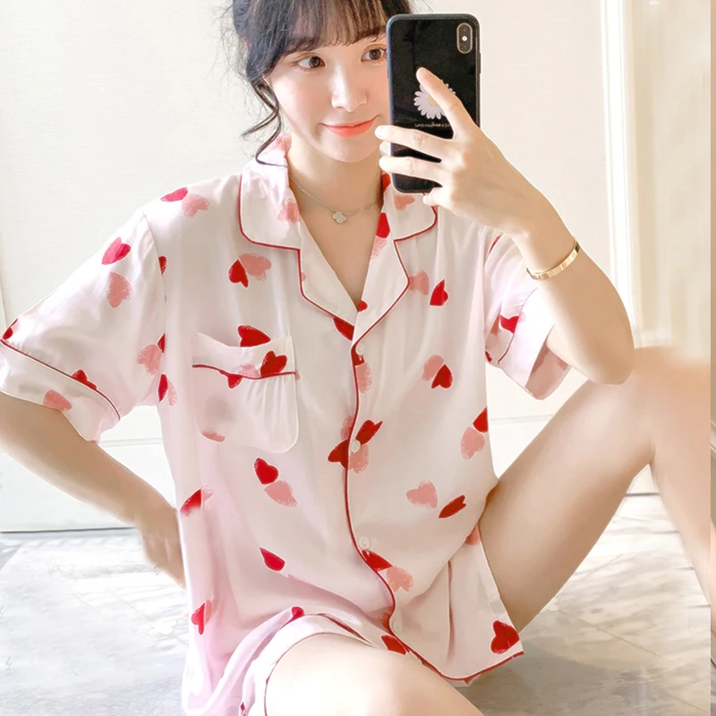 

JULY'S SONG Summer Viscose Pajamas Women Casual Lapel Collar Comfortable Sleepwear Pink Heart Printed Women Nightwear Pijama Set, Pink,blue