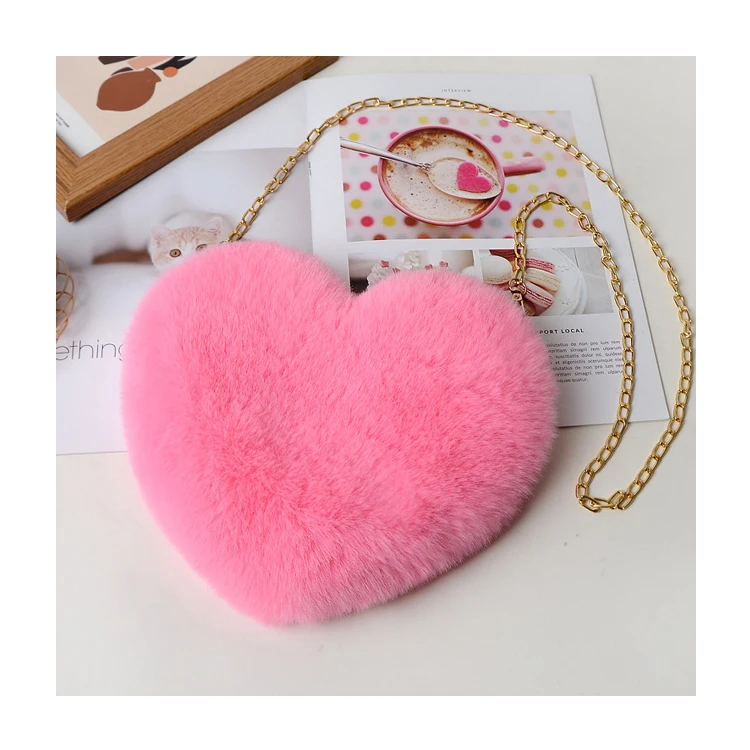 

Faux Fur Winter Women Handbags Cute Plush Ladies Heart Shaped Shoulder Bag Cute Female Clutch Purse Love Handbags Messenger Bag, Customizable
