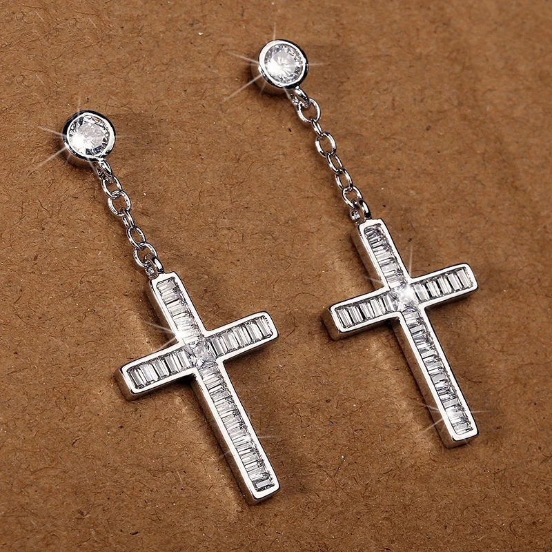 

Princess Diamond Cross Chain Drop Earring For Woman Wedding Engagement Party