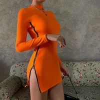 

Hot sale orange colour high collar long sleeve dress women sexy party dress