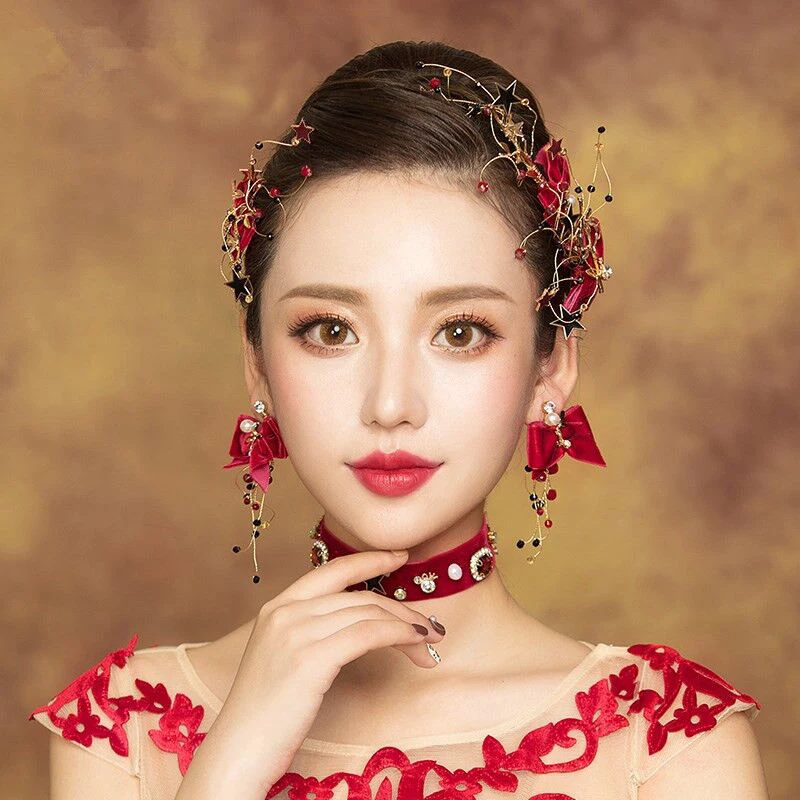 

Ethnic Red Crystal Flower Hair clips Necklaces Earrings Jewelry Set