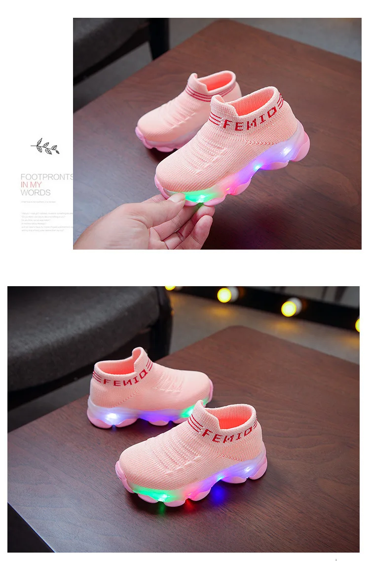 Children Baby Girls Boys Feather Mesh Led Luminous Socks Sport Running Sneakers 