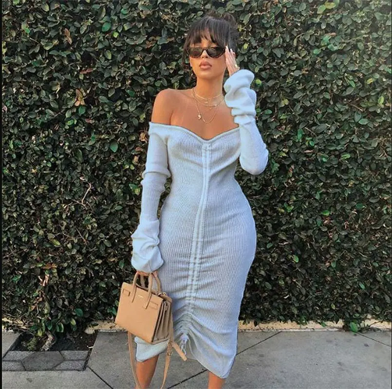 

2021 Fall Fashion Clothes Solid Color Casual Long Sleeve Off Shoulder Knitted Ruched Pleated Dress Maxi Dresses For Women, Multi colors