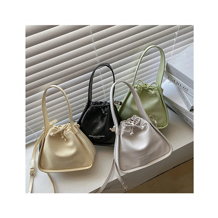 

Simple Casual Triangle Crossbody Bags Soft PU Leather Drawstring Bucket Bags Luxury Ladies Clutch Mujer Small Pouch Women Bolsas