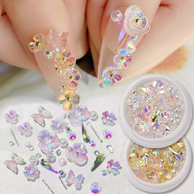 

3D Butterfly Nail Art Rhinestones Decoration Colorful AB Crystal Flower Gold Pearls DIY Nail Art Sticker Tool Manicure Art, Multi color