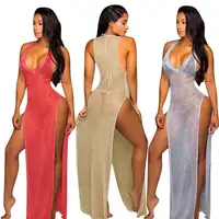 

Wholesale Womens sexy deep v neck transparent high split bodycon clubwear long maxi dress