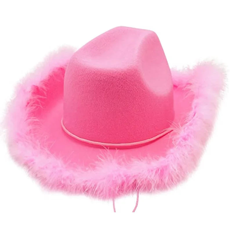

Pink Western Style Cowgirl Hats For Women Girl Rolled Fedora Hat Feather Edge Beach Cowboy Hat