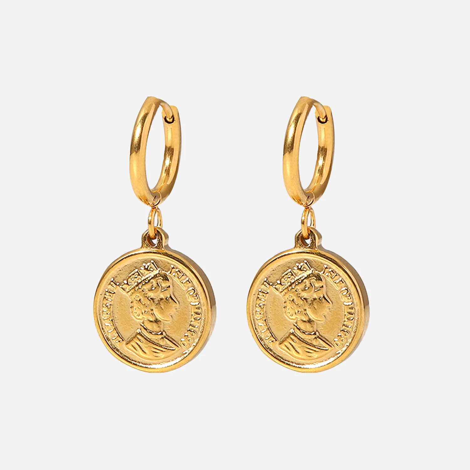 

18K Gold Plated Stainless Steel Queen Elizabeth Coin Double Side Drop Earrings For Woman Jewelry