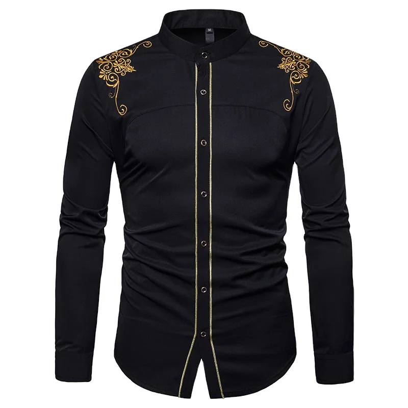 

Ready To Ship New Fashion Dynamic Cold Men's European American Fashionable Embroidered Over Size Fat Long Sleeve Blouses Shirt, White, black, dark blue, wine red