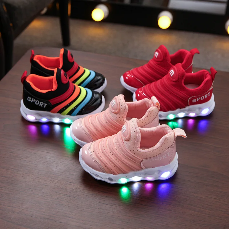 

Wholesale autumn children's luminous shoes children's flashing LED lighting mesh sneakers rainbow sports shoes for girls, As shown