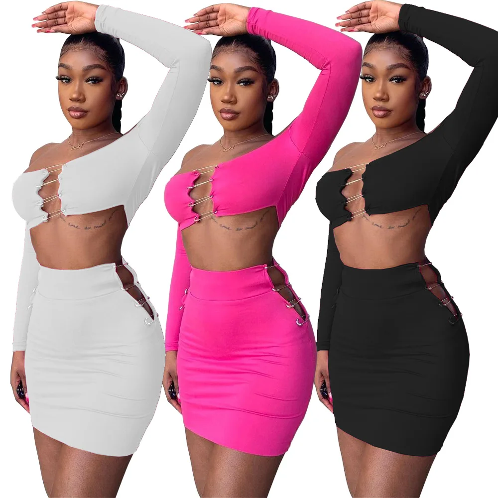

DUODUOCOLOR Fashion individuality pin hollow out off the shoulder long sleeve solid color sexy skirt two piece set women D10556