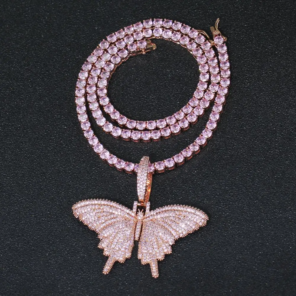 Hiphops Luxury Sparkly Shining 4mm Pink CZ Tennis Chain Rose Gold Butterfly Necklace Iced Out Cubic Zirconia Butterfly Necklace