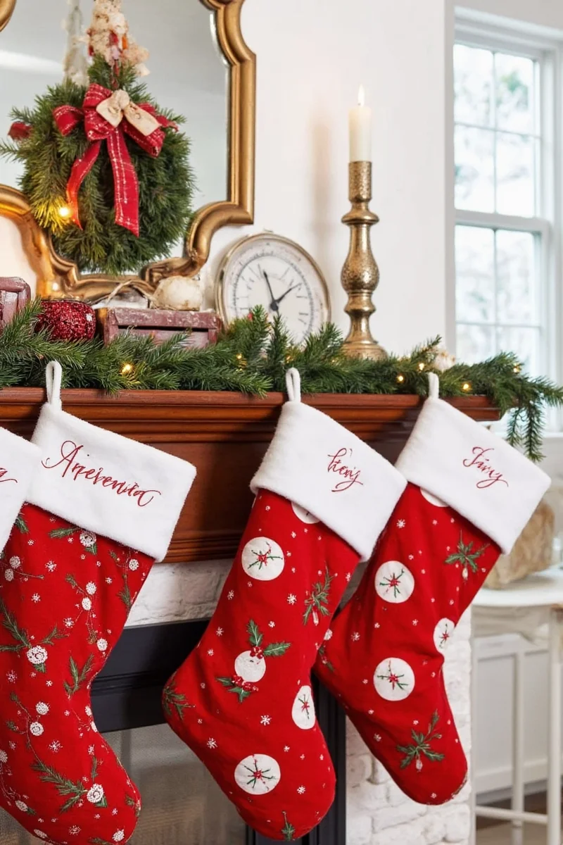 Christmas stockings hung on a tension cord